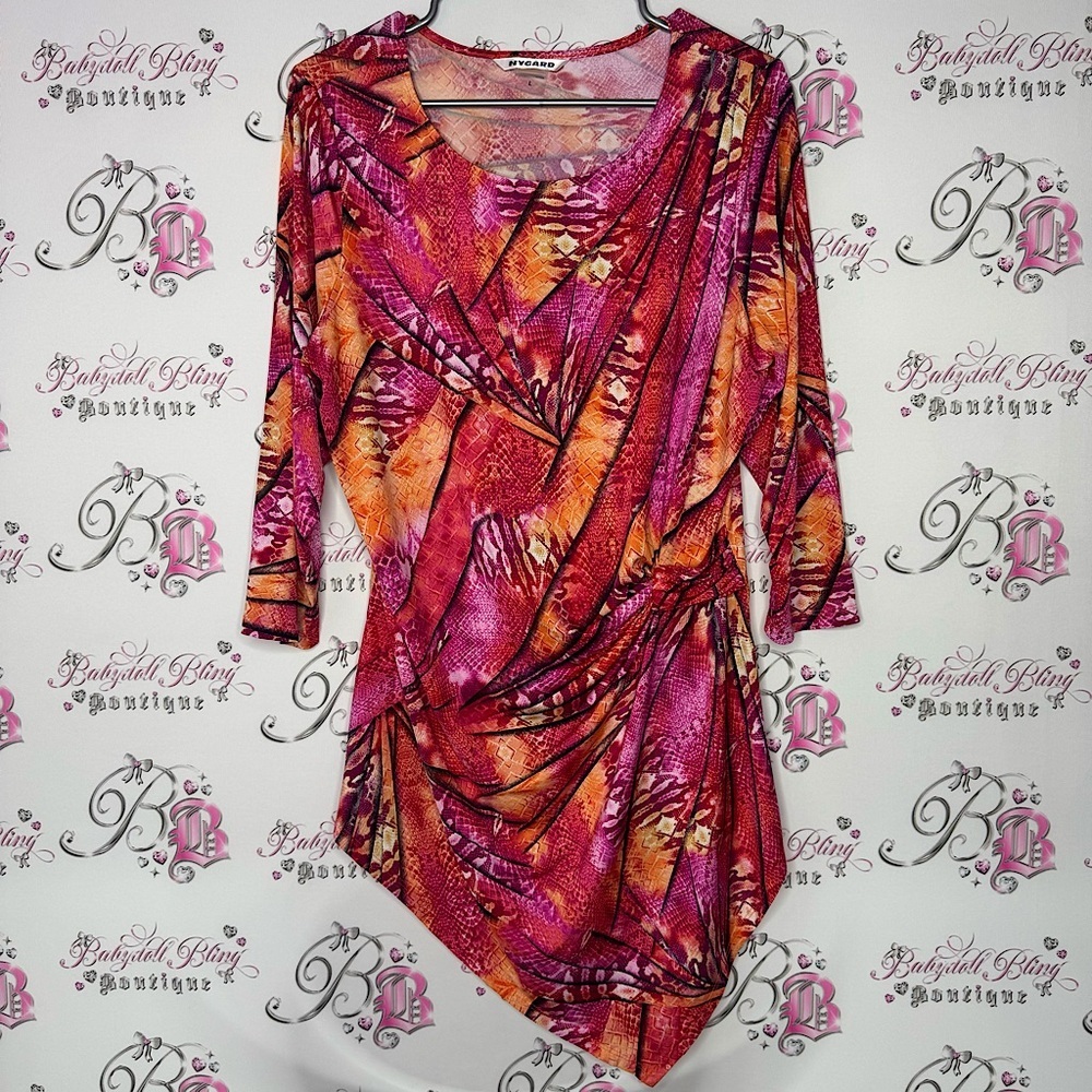 Nygard top asymmetrical hem fairy with cinch tie waist stretchy snake print 🌅